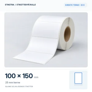 Etiketrulle, direkte termo · eco, 100 × 150 mm, 25 mm kerne; produktillustration med formatdiagram.