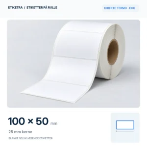 Etiketrulle, direkte termo · eco, 100 × 50 mm, 25 mm kerne; produktillustration med formatdiagram.
