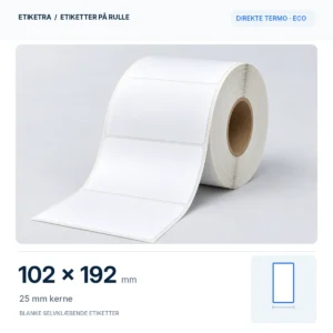 Etiketrulle, direkte termo · eco, 102 × 192 mm, 25 mm kerne; produktillustration med formatdiagram.