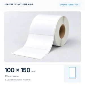 Etiketrulle, direkte termo · top, 100 × 150 mm, 25 mm kerne; produktillustration med formatdiagram.