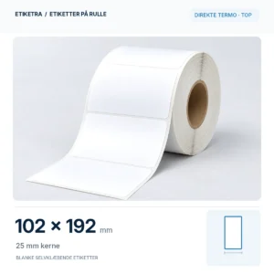 Etiketrulle, direkte termo · top, 102 × 192 mm, 25 mm kerne; produktillustration med formatdiagram.