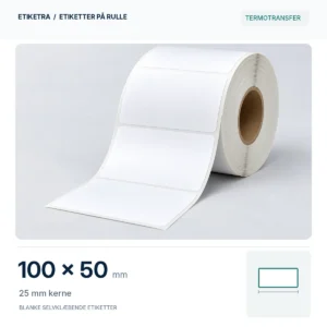 Etiketrulle, termotransfer, 100 × 50 mm, 25 mm kerne; produktillustration med formatdiagram.